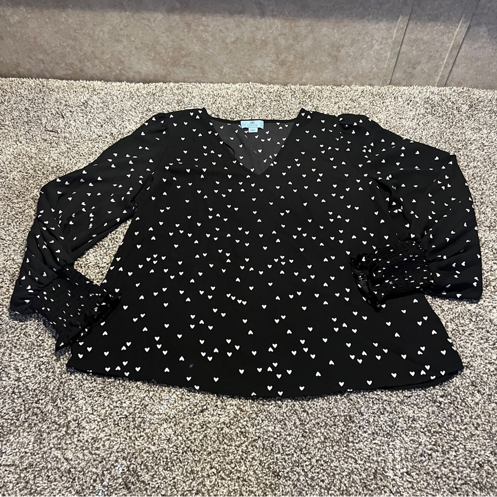 Cece Blouse Women's large Black heart Long Sleeve Ruffle Career Shirt Top blouse